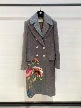 🚩steal Gucci Gray Double-Breasted Wool Coat with Floral Embroidery